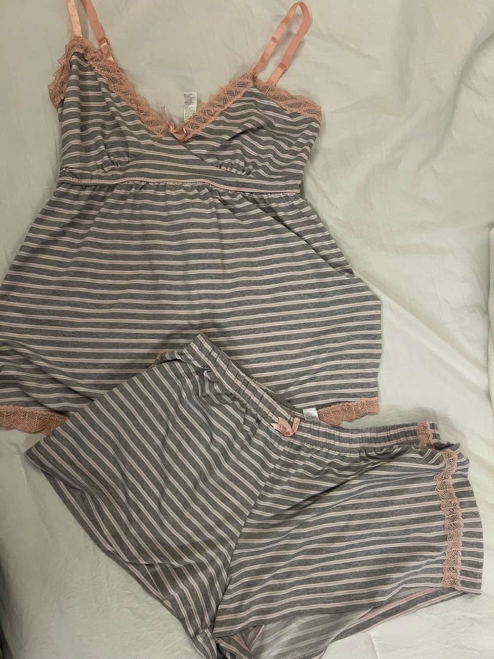 Striped Lace-Trim Sleep Set in Gray & Blush - Women's Intimates